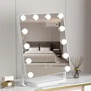 Hollywood Mirror, Vanity Makeup Mirror with 12 Dimmable LED Bulbs, Touch Control, 360° Rotation, 3 Color Modes, USB, Large Vanity Mirror with Lights for Dressing Room & Bedroom(43x34cm White)