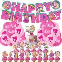 在飛比找ETMall東森購物網優惠-粉色芭比娃娃主題女孩生日派對裝飾品背景墻橫幅拉旗蛋糕插旗氣球