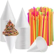 Disposable Snow Cone Cups, 100 Piece 6 Ounce Shaved Ice Cups with 100 Piece Spo