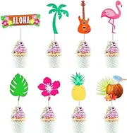 SAVITA 32pcs Summer Beach Cupcake Toppers, Tropical Hawaiian Cupcake Toppers Flamingo Pineapple Palm Leaf Coconut Aloha Summer Party Cake Topper Decorations for Pool Party Luau Themed Party