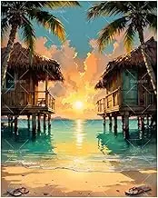 Beach Paint by Numbers Kit for Adults - DIY Tropical Sunset with Bungalows and Palms Painting on Canvas 16x20 Inches, Acrylic Paint Set, Suitable for Beginners, Art for Home Decoration/Gifts