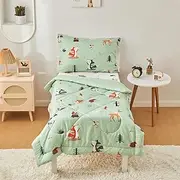 beeweed 4 Pieces Woodland Animal Toddler Bedding Set Boys Girls, 2 Sides Design Fox Bed in a Bag Comforter Set, Includes 1 Comforter, 1 Fitted Sheet, 1 Flat Sheet and 1 Reversible Pillowcase