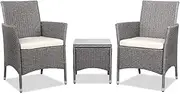 Gardeon 3pcs Wicker Patio Furniture, Bistro Set Table and Chairs Outdoor Lounge Setting Conversation Sets Dining Chair Garden Backyard, Cushion with Rattan Coffee Table Glass Tabletop Grey