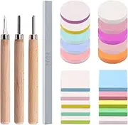 Swpeet 22Pcs 50mm Flat Round and Square Rubber Stamp Carving Blocks with 3Pcs Carving Knife Tools and Knife Polish Stone Kit, Double-Sided Removable Printing Carving Block for Scrapbooking Postcards