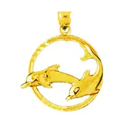 14K Gold Two Dolphins Circle Charm