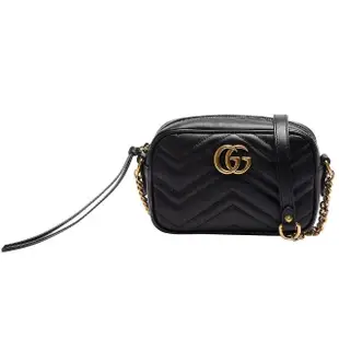 【GUCCI 古馳】GG Marmont系列仿舊金色雙G LOGO 山字車紋拉鍊肩背包(黑色448065-DRW1T-1000)