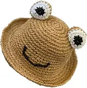 [TOVINANNA] 1Pc Cute Cartoon Frog Pattern Straw Sunhat for Summer Beach Hat with Wide Brim Handmade Sun Protection Cap for Outdoor Activities Suitable for Ages Months Khaki