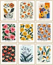 Flower Market Poster Set of 9 Vintage Floral Wall Art Prints Aesthetic Danish Pastel Matisse Inspired Minimalist Abstract Colorful Painting for Bedroom Living Room Dorm Gallery 8x10 inch Unframed