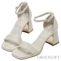 在飛比找momo購物網優惠-【Grace Gift】一字帶澎澎鞋墊繫踝中高跟涼鞋(米白)