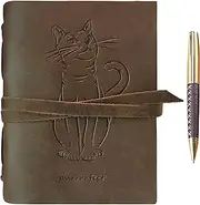 Leather Journal Cat Notebook Embossed Handmade Travel Diary | A5 Vintage Writing Bound Journal for Men for Women 6"x8" | Cat Theme Genuine Leather with Plain Paper for Notes Sketchbook + Pen
