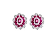 Natural Red Ruby Cluster Flower Stud Earrings White gold over sterling silver