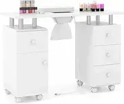 [Costway] Manicure Table Nail Desk w/Electric Dust Collector, 3 Dust Bags, Wrist Rest, Drawers, Movable Nail Tech Desk on 8 Lockable Wheels, Wooden Nail Art Workstation for Spa Beauty Makeup (White)