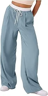 [Generic] Women's Spliced Waistband Pants Causal Wide Leg Drawstring Elastic Waist Sweatpants 2025 Fasion Work Suit Pants