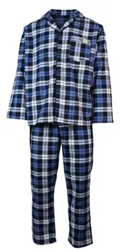 Mens Flannelette Pyjama Set Sleepwear Soft 100% Cotton PJs Two Piece - Blue/Multi Check