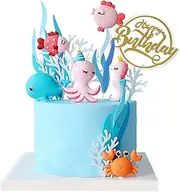 12Pcs 3D Ocean Theme Cake Decoration Toppers Hippocampus Whale Clownfish Animal Cake Toppers Picks for Kids Baby Shower Christening Birthday Party Supplies Beach Theme Party Cupcake Toppers