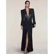 Blazer Dress Mermaid / Trumpet Evening Gown Elegant Dress Pinstripe Tuxedo Dress Zipper Up Wedding Guest Formal Floor Length Long Sleeve Peak lapel collar Sati