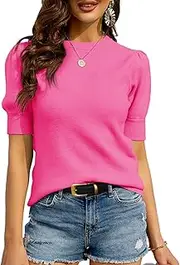 [Bodosalia] Womens Puff Short Sleeve Sweater Crew Neck Pullover Tops Ribbed Knit Sweater Blouse
