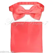 New Coral Men's pre tied Bow tie & Pocket Square Hankie set wedding
