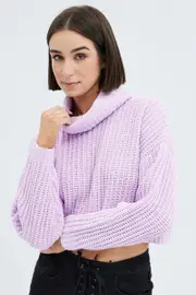 Pink Knit Jumper Turtle Neck Chenille - Size XS, Women's Crop Knitted