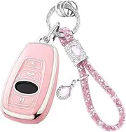 for Subaru Key Fob Cover with Bling Keychain, Soft TPU Key Case Shell Compatible with Forester Outback BRZ Legacy CrossTrek,4 Buttons,Pink, Pink