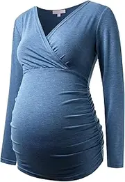 [Bhome] Maternity Shirt Long Sleeve Top Wrap V Neck Blouse Cross Over Nursing Tshirt