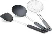 Joseph Joseph Nest Fusion 3-piece Silicone and Stainless Steel Kitchen Wok Set, Silcone Turner, Spoon and Wire Skimmer Strainer, BPA Free, Heat Resistant Non Stick