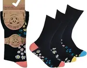[OnlyBee] 3 Pairs of Ladies Womens Bamboo Non Binding Loose Elasticated Top Socks Black with Floral design UK size 4 to 8, Black with Floral Base, 4.5-9 US