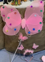 GIRLS BUTTERFLY COSTUME ACCESSORIES LIGHT UP WINGS/WAND/HEADBAND SHIMMERING PINK