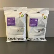 Lot of 2 Code G 20 Ct SIMPLEHUMAN Custom Fit Trash Bags Can Liners Refill Size
