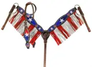 Red White Blue Patriot One Ear Headstall & Fringe Breast Collar SET & Reins NEW