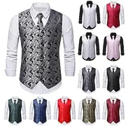Men's Vest Tie Set Paisley Floral Jacquard Necktie Pocket Square 3PCS Waistcoat Retro Vintage Rococo for Suit or Tuxedo Wedding Party Masquerade