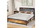 Advwin Bed Frame w/ Charging Station and RGB LED Lights Storage Headboard Shelf Double/Queen Size