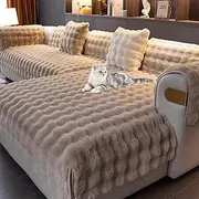 Thick Rabbit Plush Sofa Covers, Faux Fur Couch Cover for Sectional Sofa L Shape, Non Slip Fluffy Soft Sofa Cushion Furniture Protector Machine Washable (Khaki,90 * 280cm/35.4 * 110in)