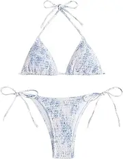 [COOLOYA] Women's Smocked Floral Print 2 Piece Bikini Sets Triangle Padded Halter Bathing Suits, Light Blue, Small
