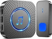 SURFOU Wireless Doorbell, Wireless Doorbell Set, 400 m Range, Outdoor, Waterproof, Front Door with Receiver, Battery Operated Bell, Radio Transmitter with LED Flashing, 5 Vol. 55 Melodies, Black