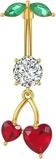[Niaspi] Cute 316L Surgical Steel CZ Cherry Dangle Belly Button Ring 14G Crystal Cherry Belly Navel Rings Navel Curved Barbell Dangling Body Piercing Jewelry 3/8 Inch