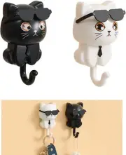 Adhesive Coat Hooks Key Holder, Creative Cute Cat Black+White
