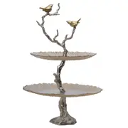 Bird and Tree Cake Stand with Silver Aluminium Base with Gold Sparrows and Glass Plates, 61x40cm