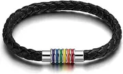 [Flongo] LGBT Gay Lesbian Pride Leather Black Braided Bangle Bracelet, Rainbow Striped Closure Stainless Steel Magnetic Clasp, Men Womens Cuff Bracelet