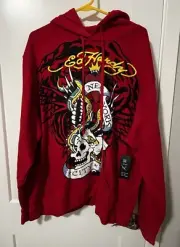 Ed Hardy Eagle Skull Snake New York Red Hoodie Pullover Men's 2XL Sweater NWT