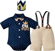 [bakjuno] 1st Birthday Outfit Boy Mr Onederful First Birthday Bowtie Romper + Suspender Shorts+ Party Hat Cake Smash Outfits
