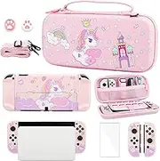 GLDRAM Carrying Case Compatible with Nintendo Switch OLED Cover, Pink Unicorn Case Bundle with Travel Case, Hard PC Shell, Screen Protector, Thumb Caps, Shoulder Strap, Cute Accessories Kit for Girls