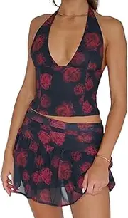 [QJK] Halter Top Backless Top Floral Skirt Set Floral Top Lace Top V Neck Top Pleated Skirt Sleeveless Top Sexy Skirt