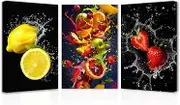 SWQYLB Fruit Wall Art for Kitchen 3 Pieces Strawberry Lemon Splash in Water Art Print Cool Summer Canvas Picture for Dining Room Restaurant Wall Decor Framed (12.00" x 16.00" x 3PCS)