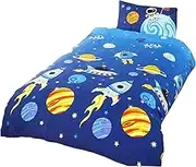 Rapport Home Kids Rockets Stars and Space Blue Childrens 2 Piece Duvet Cover Set - Planets and Spaceship Rockets Single Bedding Set
