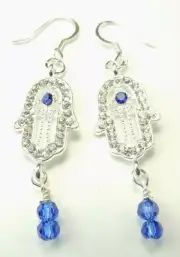 Clear & Blue Crystal Hamsa Earrings Handmade