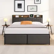IHOMDEC Queen Size Metal & Wood Bed Frame 2 Plug Outlets &1 USB ports and 1 Type C Charging Station and 2 Drawers BED04 Grey