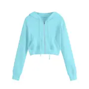 White Zip Up Hoodie Drawstring Long Sleeve Kpop Hooded Sweatshirt Women Kawaii Harajuku Cropped Hoodie Sudaderas Para Mujer light blue M