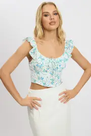 Blue Floral Crop Top Frill Sleeve - Size 16XL, Women's Crop Top