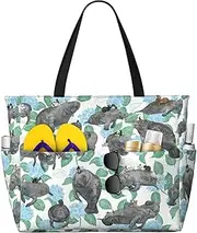 [Ghjkfbf] Rabbits Manatees Print Large Capacity Beach Travel Bag For Family, Beach Tote Bag For Women With Zipper Pockets, Black, One Size